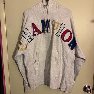 Champion Light Gray Hoodie with Multicolor Lettering